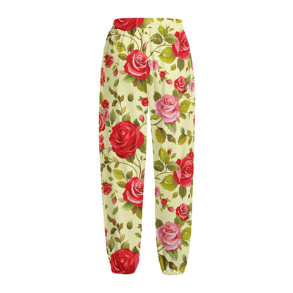 Red Pink Rose Floral Pattern Print Fleece Lined Knit Pants