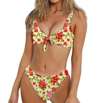 Red Pink Rose Floral Pattern Print Front Bow Tie Bikini