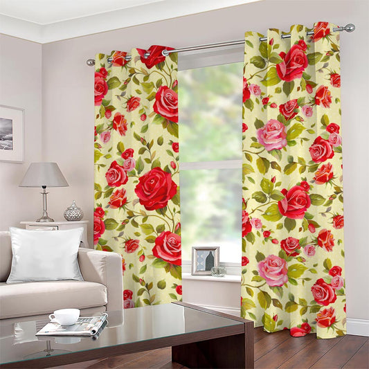 Red Pink Rose Floral Pattern Print Grommet Curtains