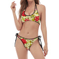 Red Pink Rose Floral Pattern Print Halter Scoop Tie Side Bikini