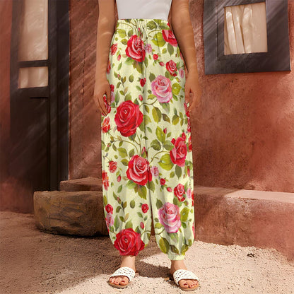 Red Pink Rose Floral Pattern Print Harem Pants