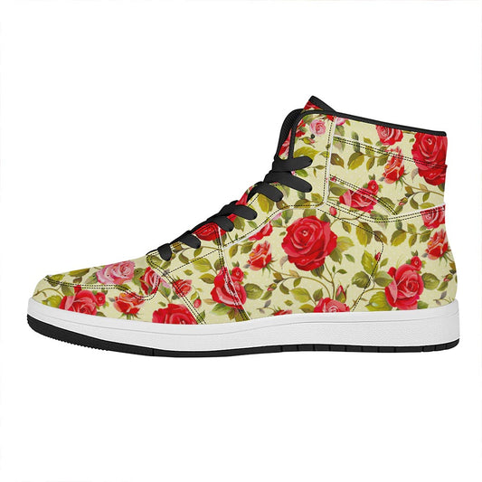 Red Pink Rose Floral Pattern Print High Top Leather Sneakers