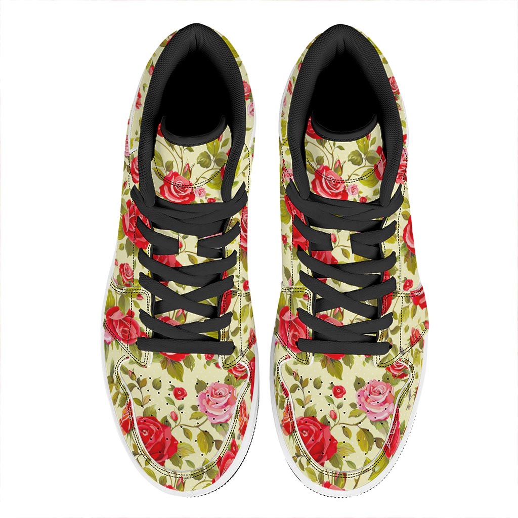 Red Pink Rose Floral Pattern Print High Top Leather Sneakers