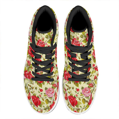Red Pink Rose Floral Pattern Print High Top Leather Sneakers