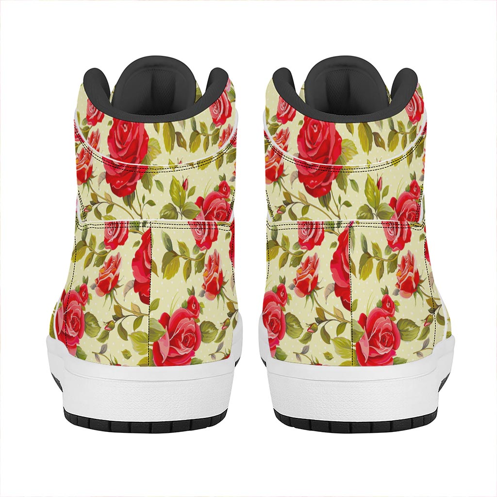 Red Pink Rose Floral Pattern Print High Top Leather Sneakers