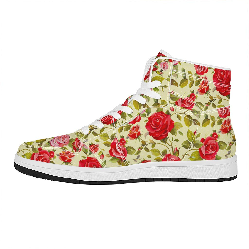 Red Pink Rose Floral Pattern Print High Top Leather Sneakers