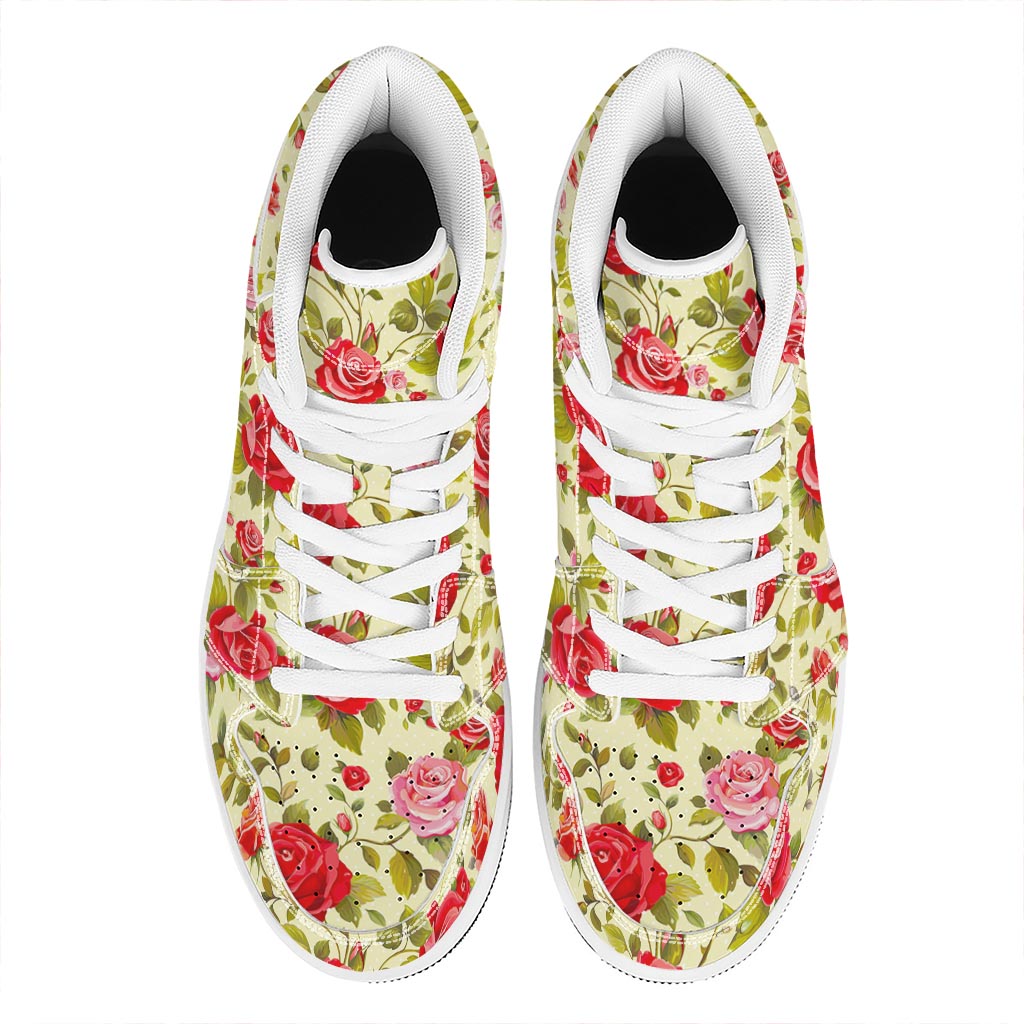 Red Pink Rose Floral Pattern Print High Top Leather Sneakers