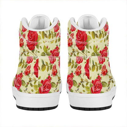 Red Pink Rose Floral Pattern Print High Top Leather Sneakers