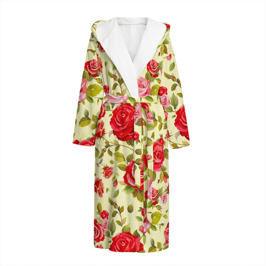 Red Pink Rose Floral Pattern Print Hooded Bathrobe