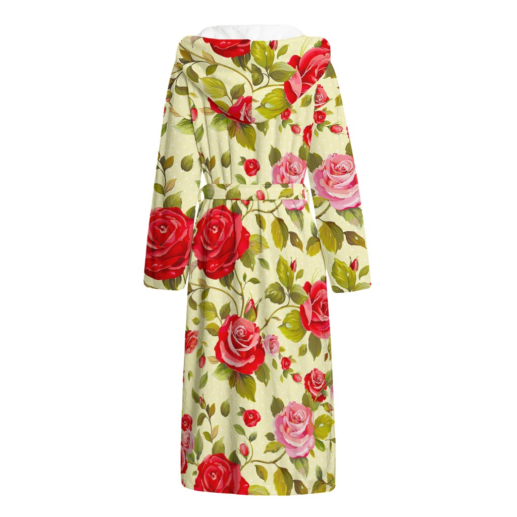 Red Pink Rose Floral Pattern Print Hooded Bathrobe