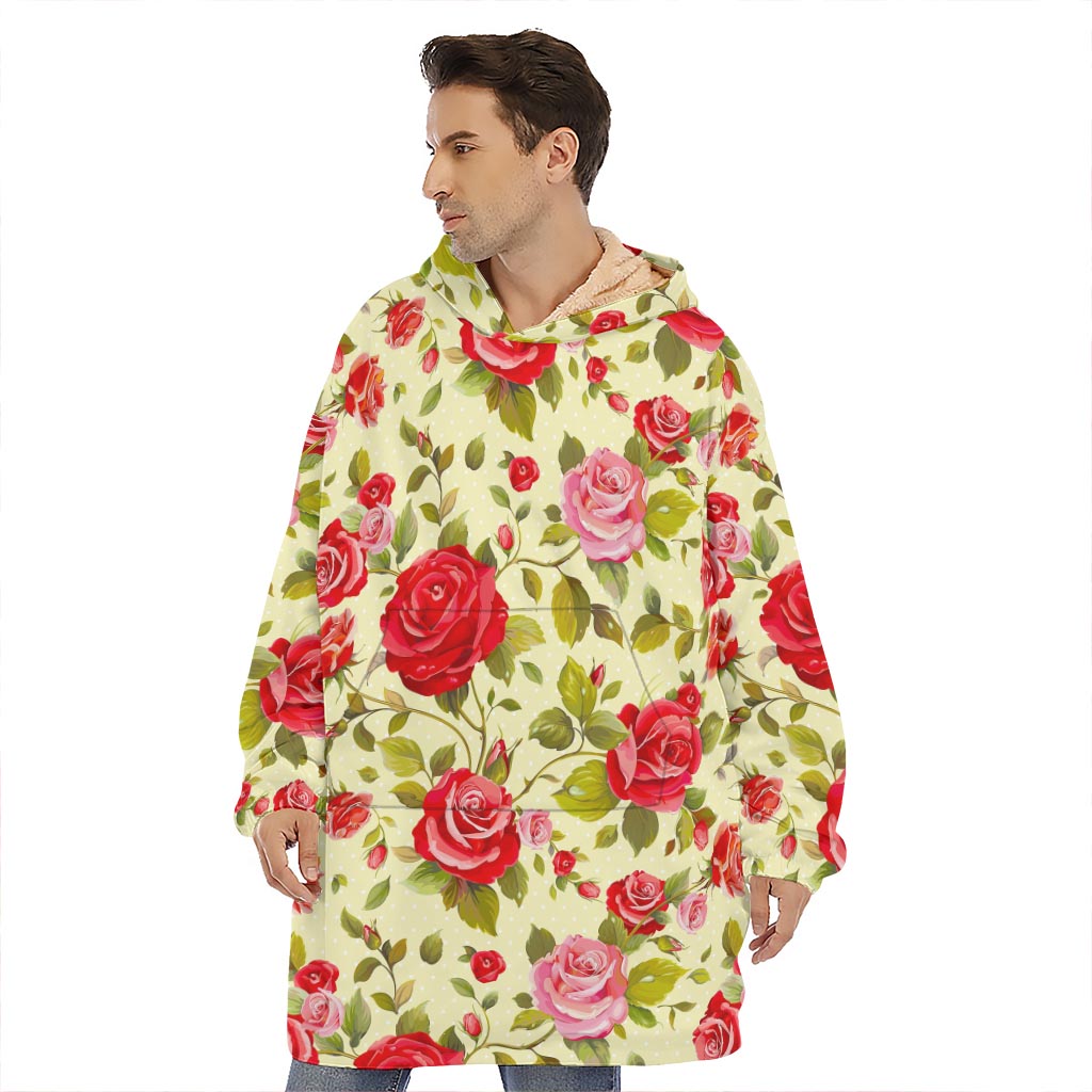 Red Pink Rose Floral Pattern Print Hoodie Blanket