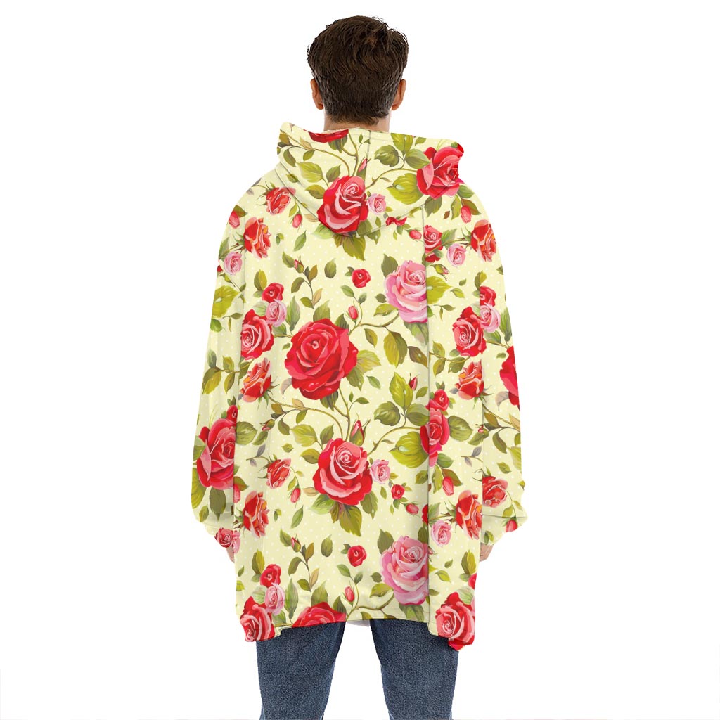 Red Pink Rose Floral Pattern Print Hoodie Blanket