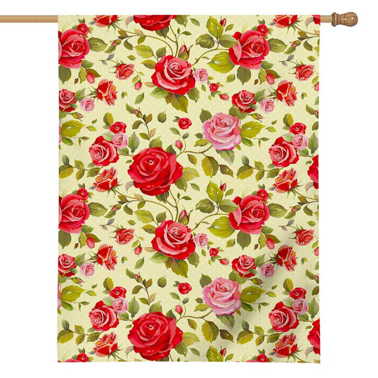 Red Pink Rose Floral Pattern Print House Flag