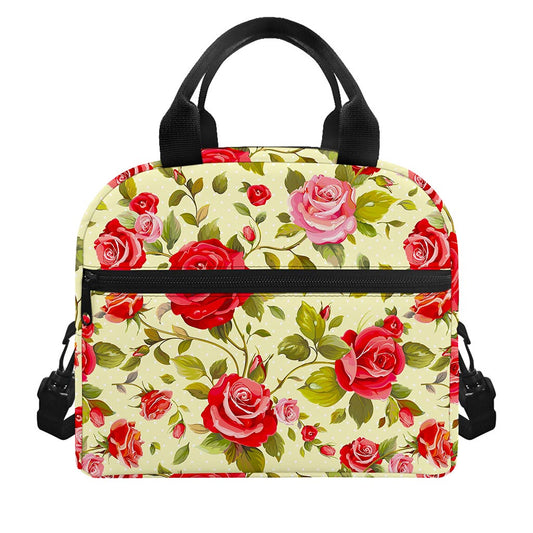 Red Pink Rose Floral Pattern Print Insulated Lunch Bag