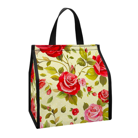 Red Pink Rose Floral Pattern Print Insulated Lunch Tote