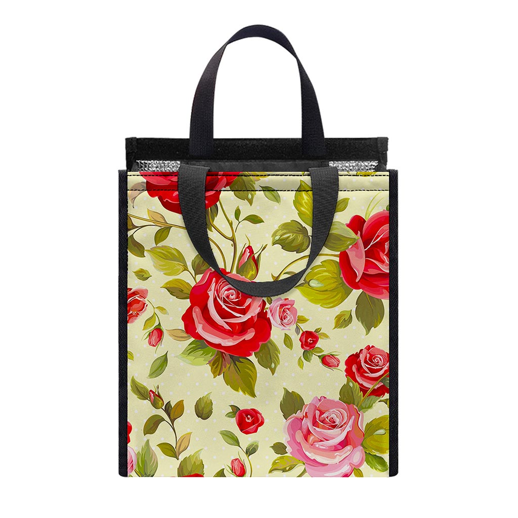 Red Pink Rose Floral Pattern Print Insulated Lunch Tote