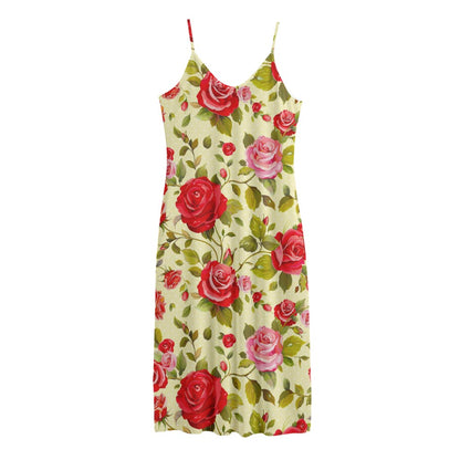 Red Pink Rose Floral Pattern Print Jersey Midi Cami Dress