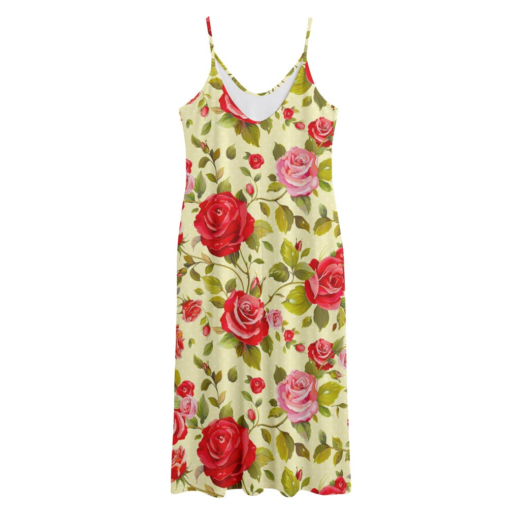 Red Pink Rose Floral Pattern Print Jersey Midi Cami Dress
