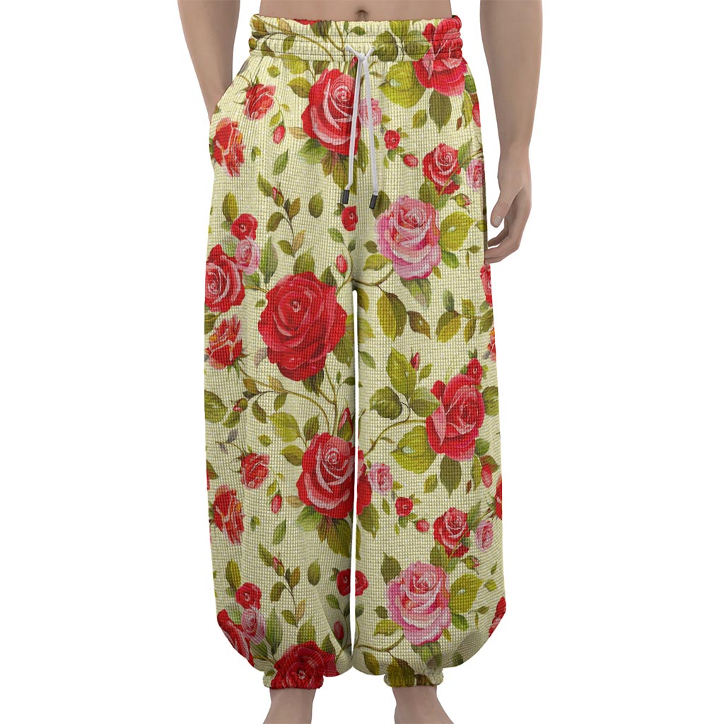 Red Pink Rose Floral Pattern Print Lantern Pants