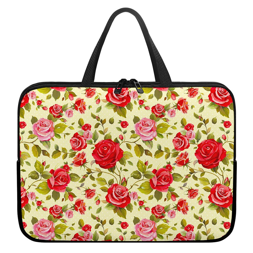 Red Pink Rose Floral Pattern Print Laptop Sleeve With Handle