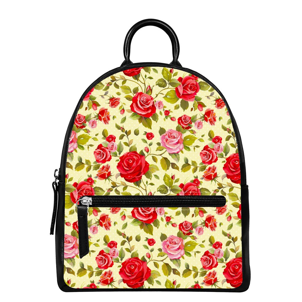 Red Pink Rose Floral Pattern Print Leather Backpack