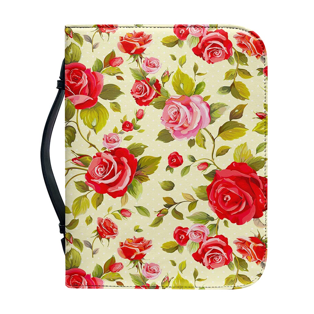 Red Pink Rose Floral Pattern Print Leather Bible Cover