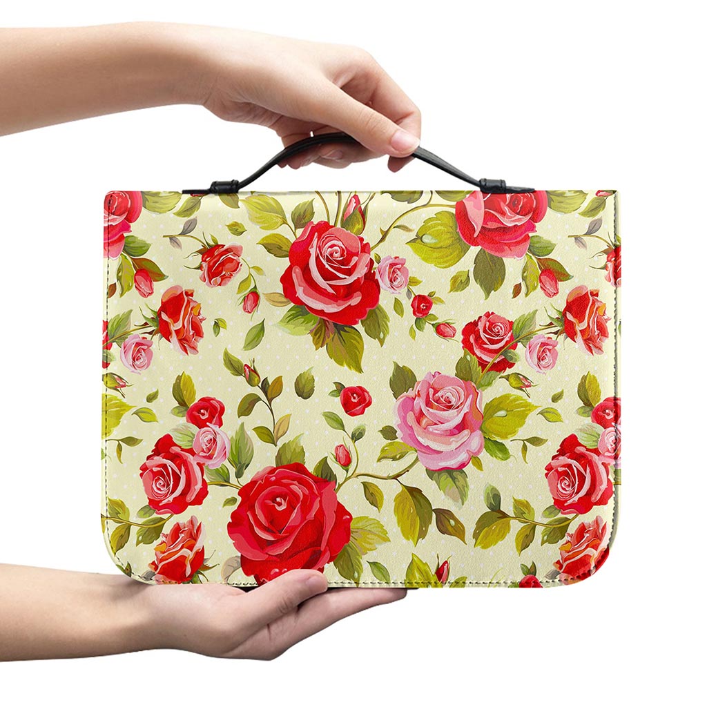 Red Pink Rose Floral Pattern Print Leather Bible Cover