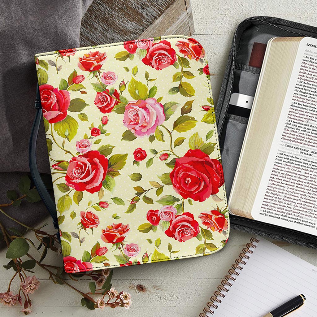 Red Pink Rose Floral Pattern Print Leather Bible Cover