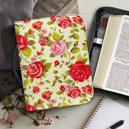 Red Pink Rose Floral Pattern Print Leather Bible Cover