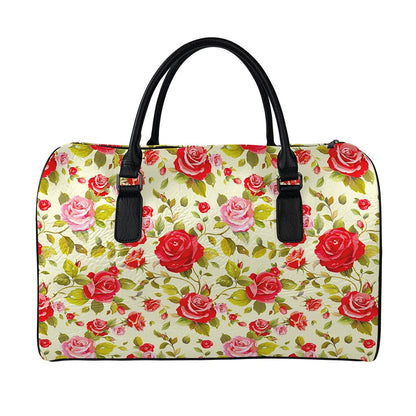 Red Pink Rose Floral Pattern Print Leather Duffle Bag
