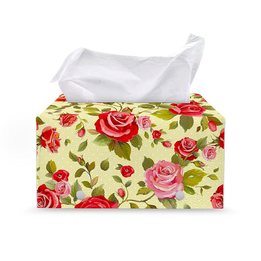 Red Pink Rose Floral Pattern Print Leather Tissue Box Cover
