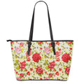 Red Pink Rose Floral Pattern Print Leather Tote Bag With Zipper