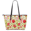 Red Pink Rose Floral Pattern Print Leather Tote Bag