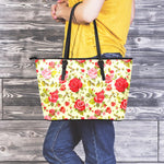 Red Pink Rose Floral Pattern Print Leather Tote Bag