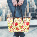 Red Pink Rose Floral Pattern Print Leather Tote Bag