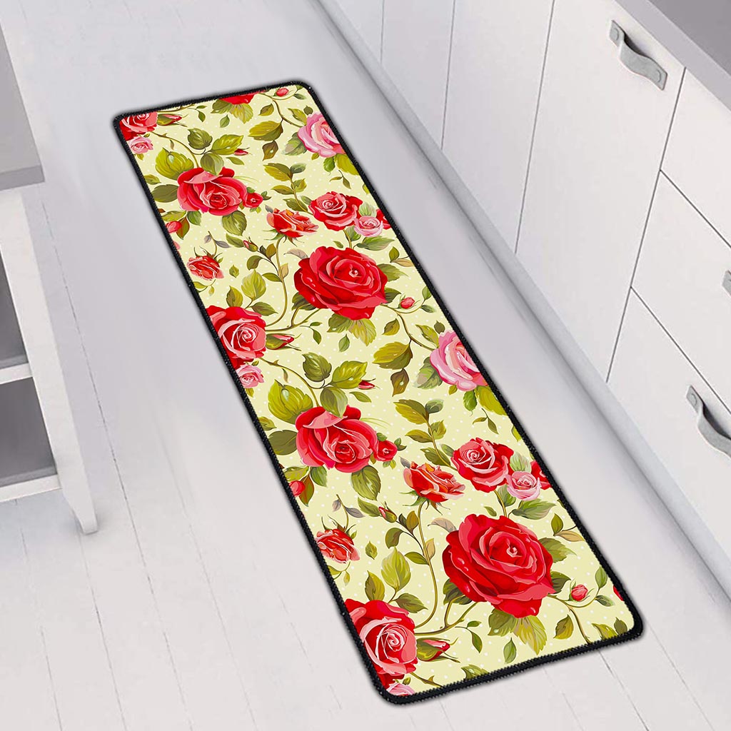 Red Pink Rose Floral Pattern Print Long Kitchen Mat
