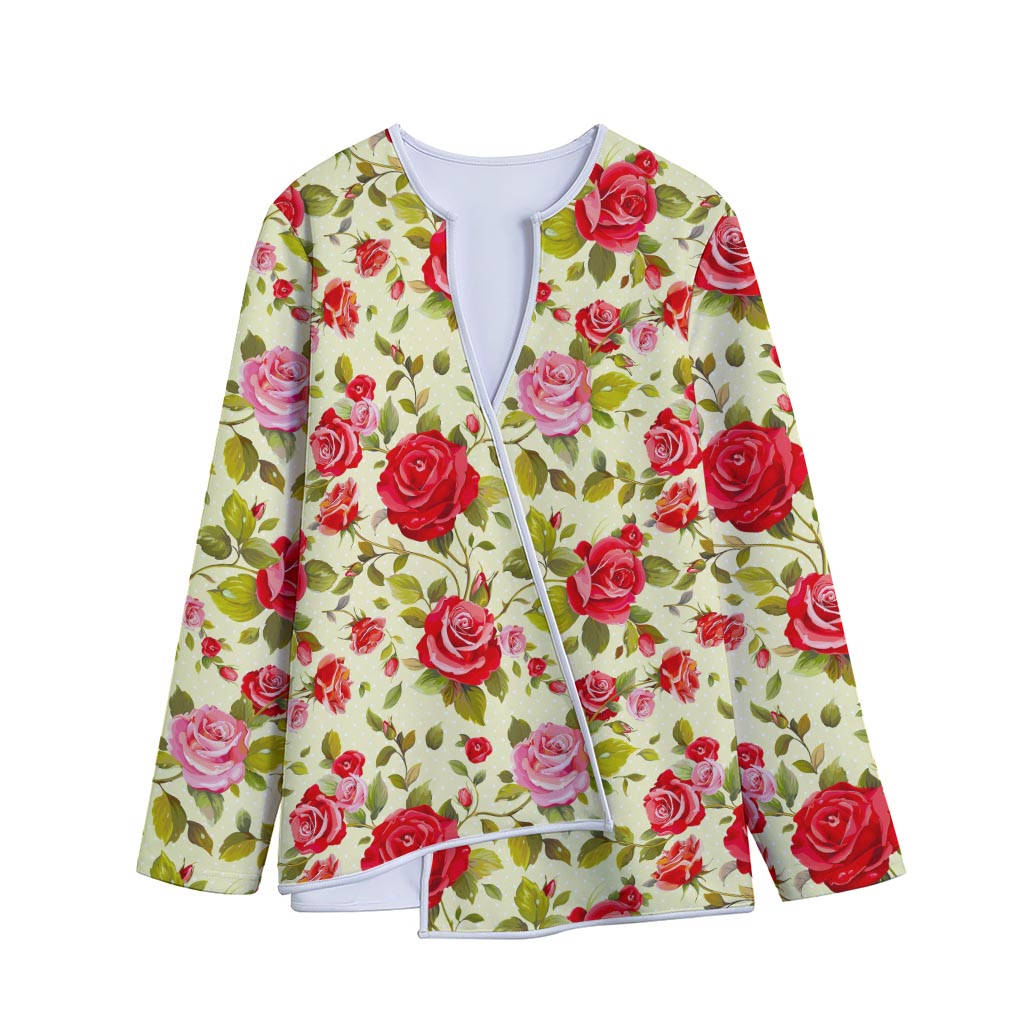 Red Pink Rose Floral Pattern Print Long Sleeve Short Coat