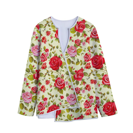Red Pink Rose Floral Pattern Print Long Sleeve Short Coat