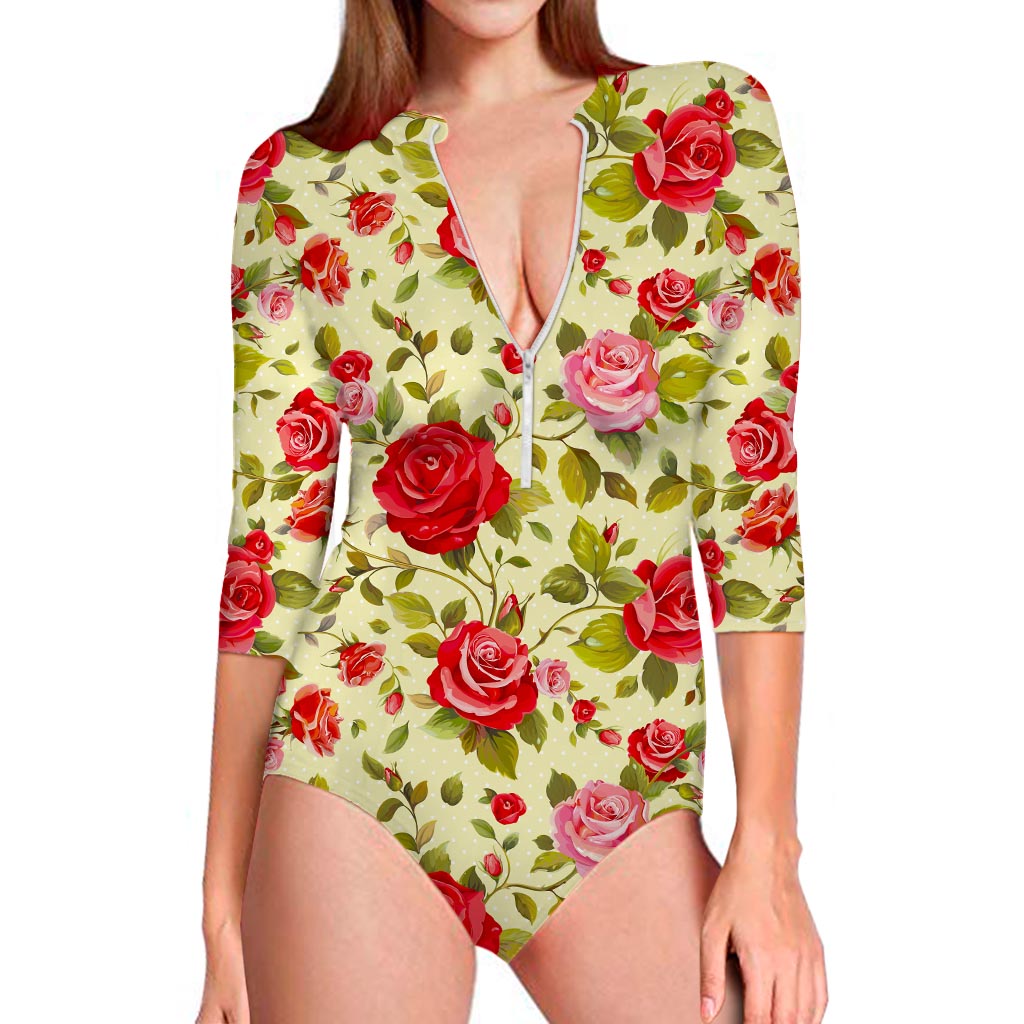 Red Pink Rose Floral Pattern Print Long Sleeve Swimsuit