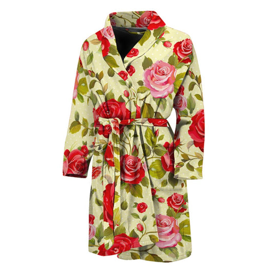 Red Pink Rose Floral Pattern Print Men's Bathrobe