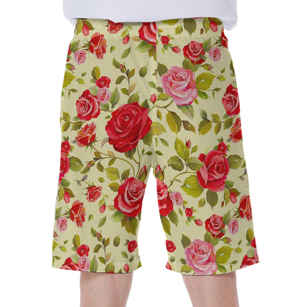 Red Pink Rose Floral Pattern Print Men's Beach Shorts