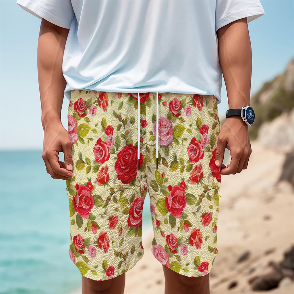 Red Pink Rose Floral Pattern Print Men's Cargo Shorts