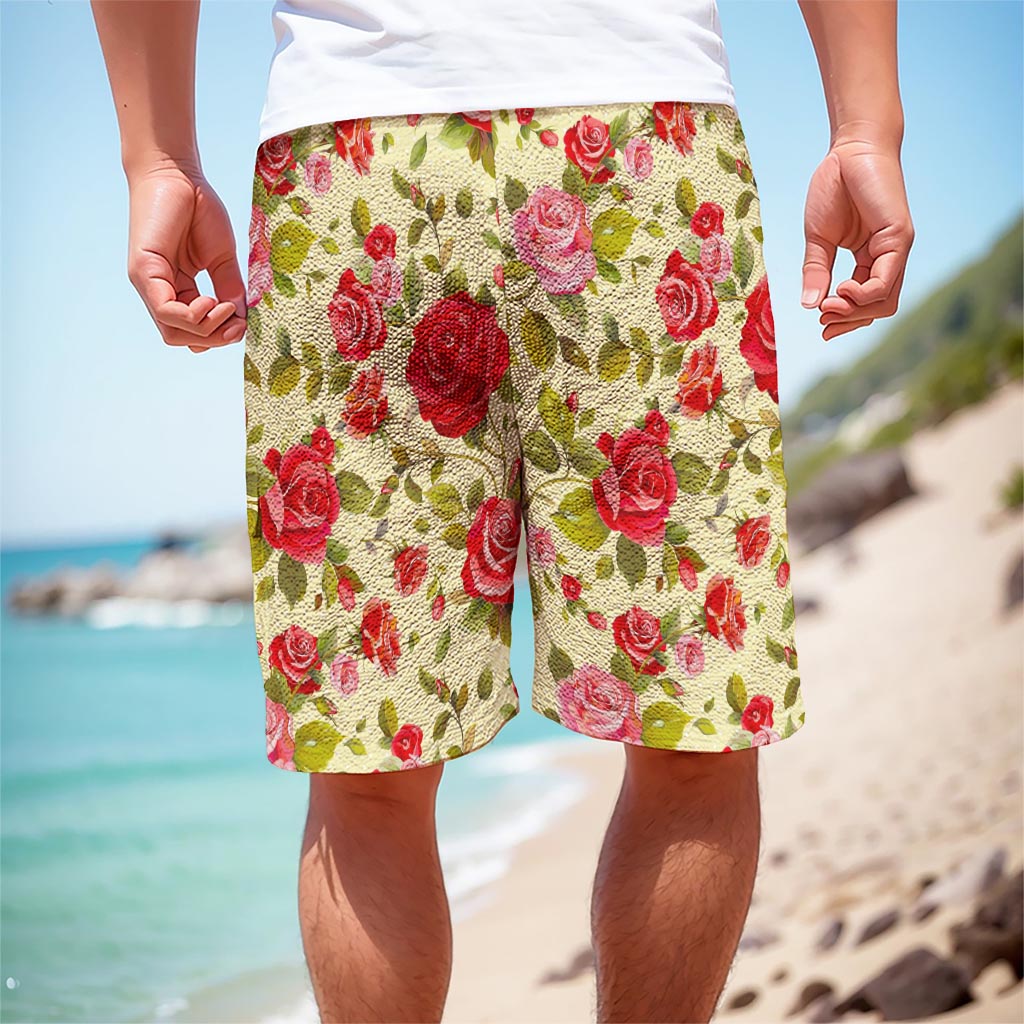 Red Pink Rose Floral Pattern Print Men's Cargo Shorts