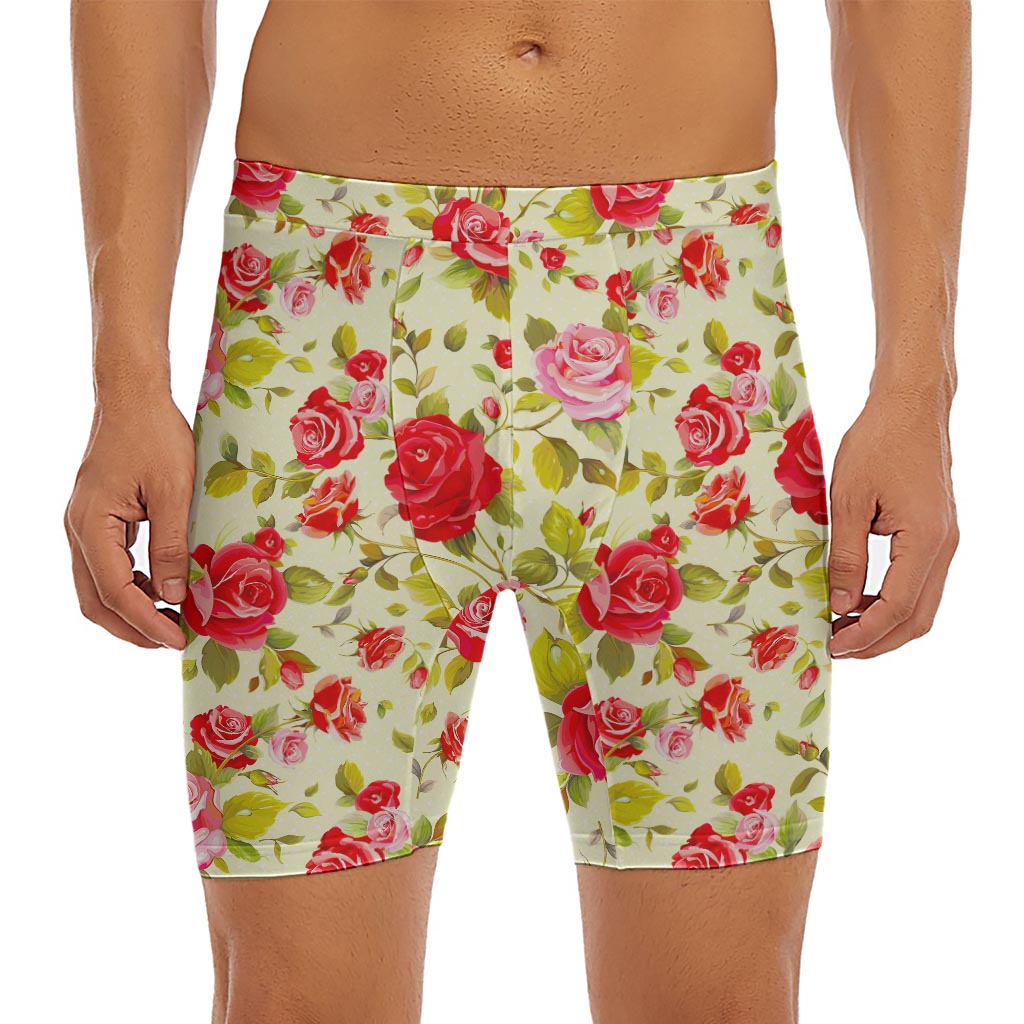Red Pink Rose Floral Pattern Print Men's Long Boxer Briefs