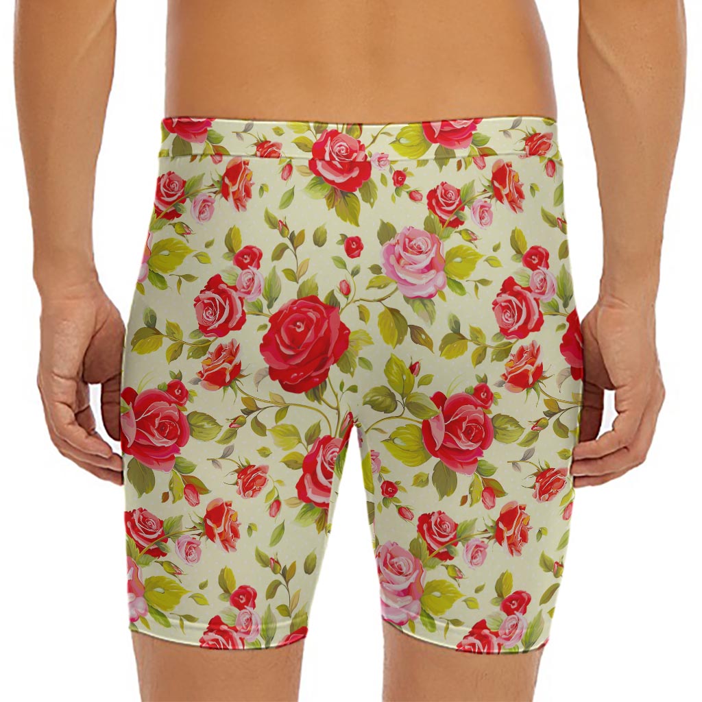 Red Pink Rose Floral Pattern Print Men's Long Boxer Briefs