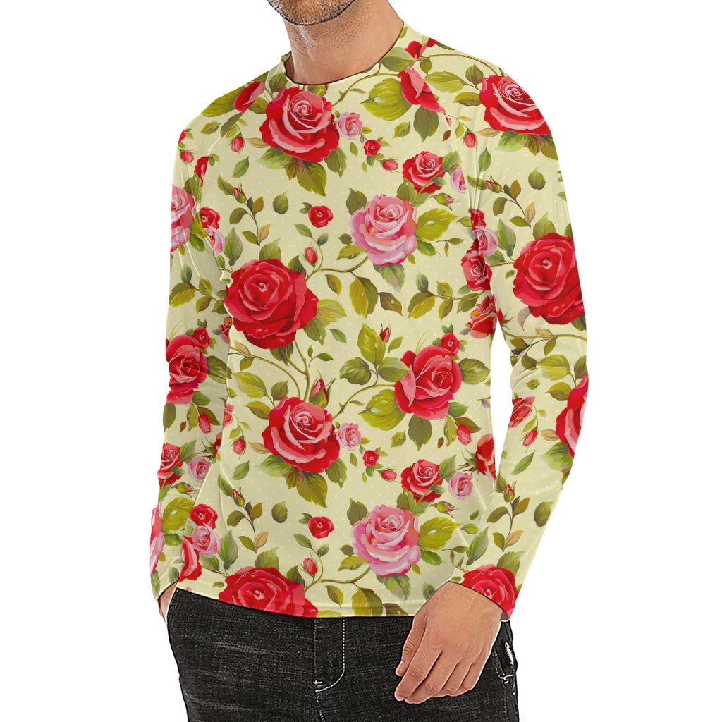 Red Pink Rose Floral Pattern Print Men's Long Sleeve Rash Guard