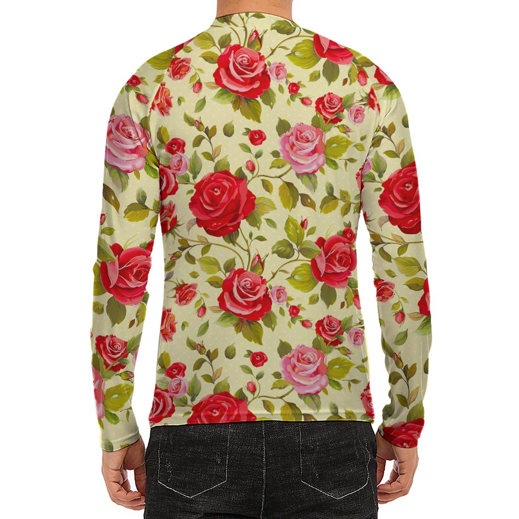 Red Pink Rose Floral Pattern Print Men's Long Sleeve Rash Guard