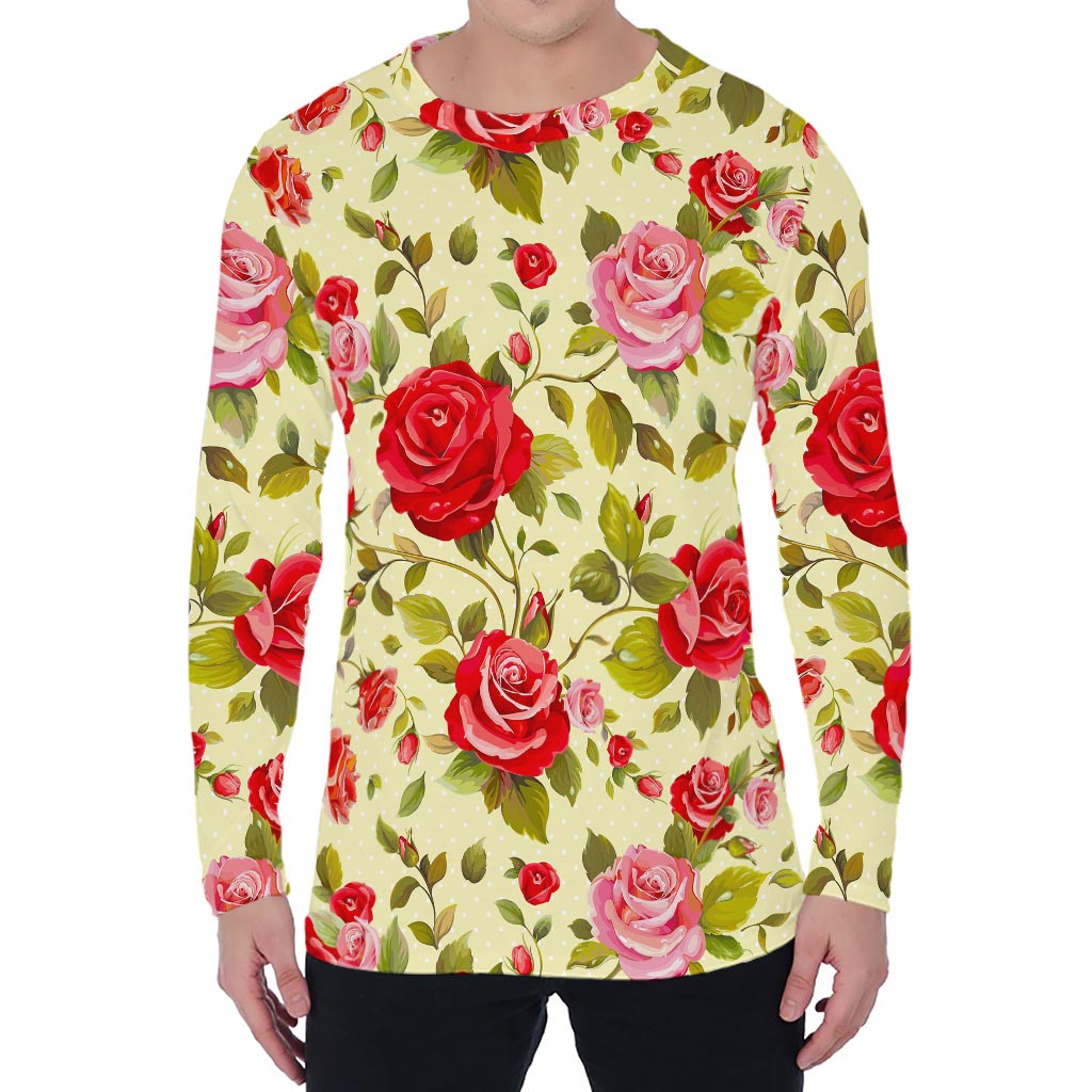Red Pink Rose Floral Pattern Print Men's Long Sleeve T-Shirt