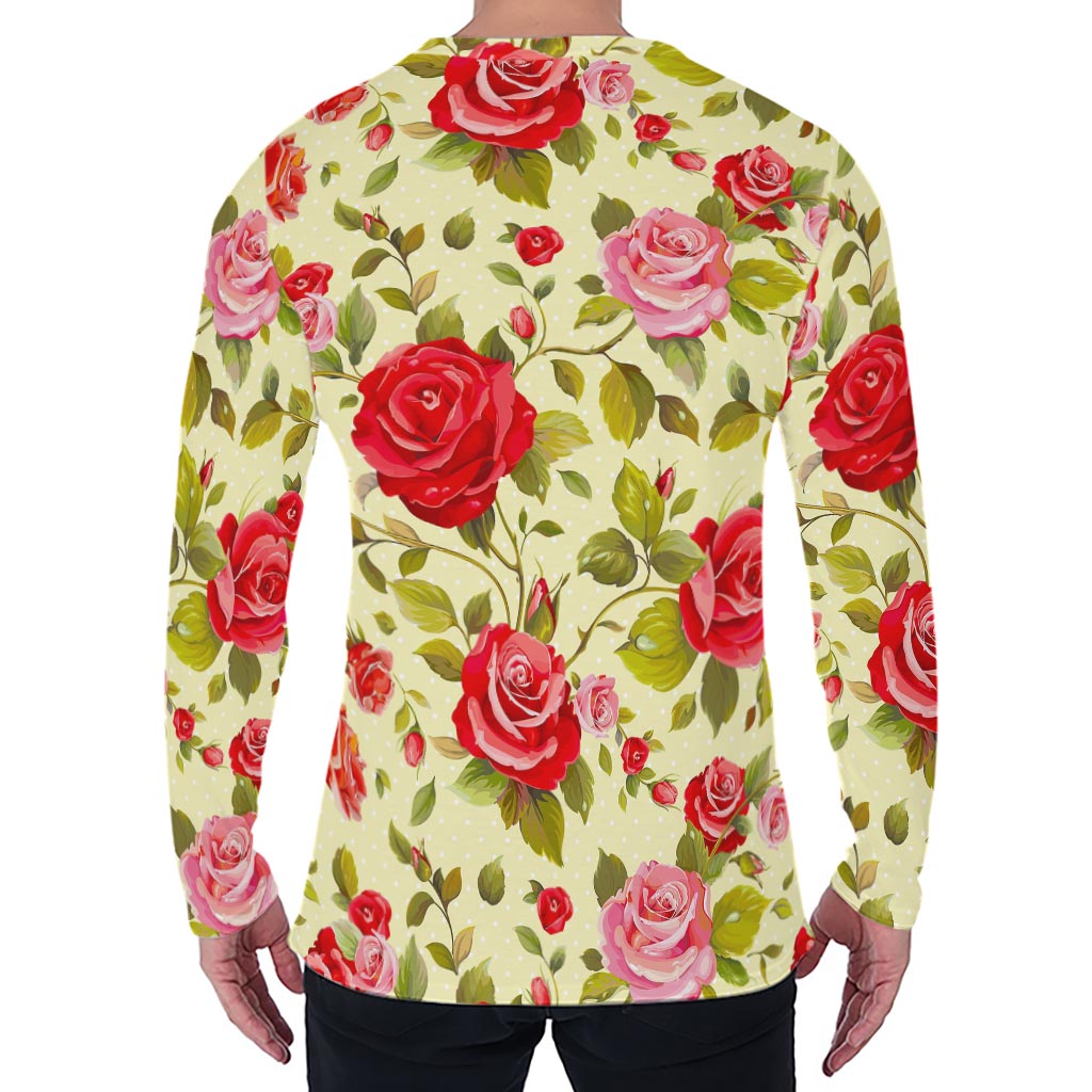 Red Pink Rose Floral Pattern Print Men's Long Sleeve T-Shirt
