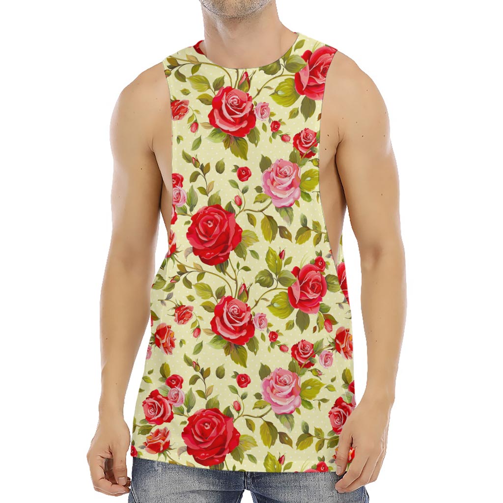 Red Pink Rose Floral Pattern Print Men's Muscle Tank Top